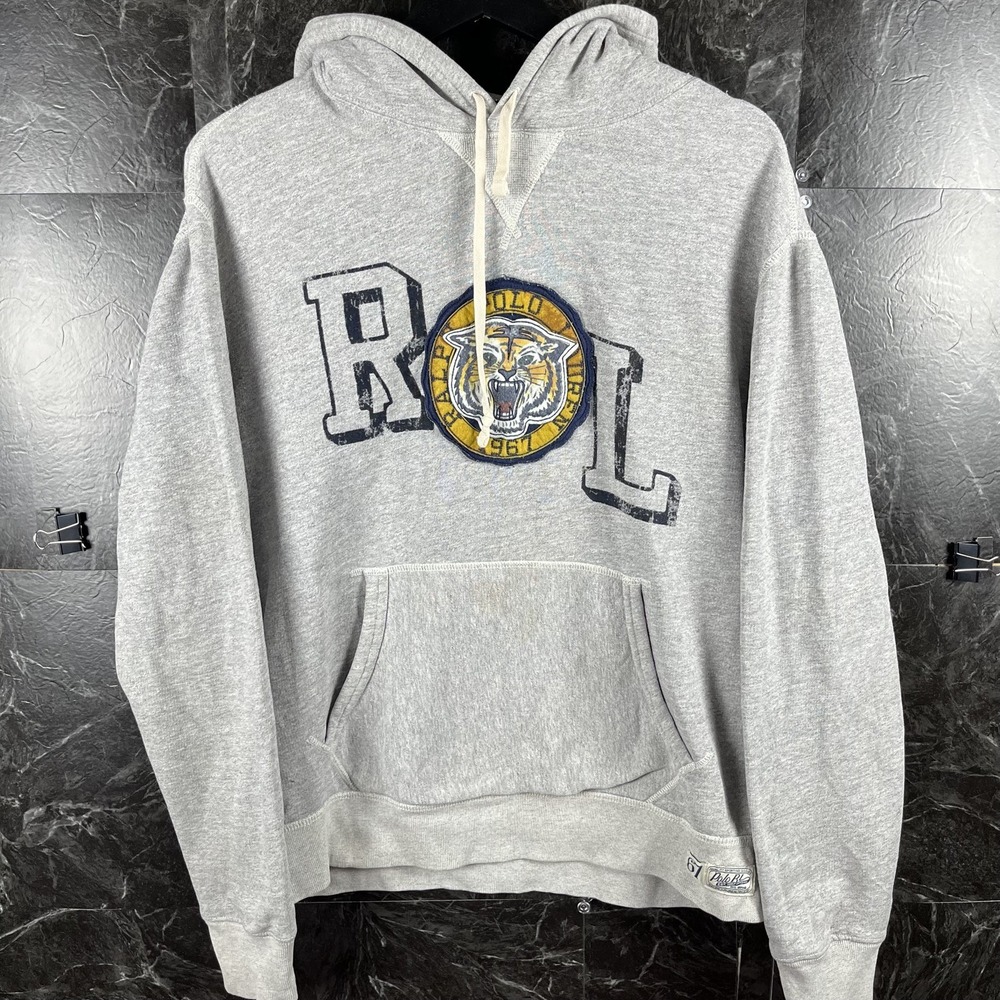 Polo Ralph Lauren Men's Grey Tiger Patch Fleece Hoodie Fits Medium -Flaws